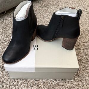 bp Black Leather Ankle Booties with Stacked Wood Heel